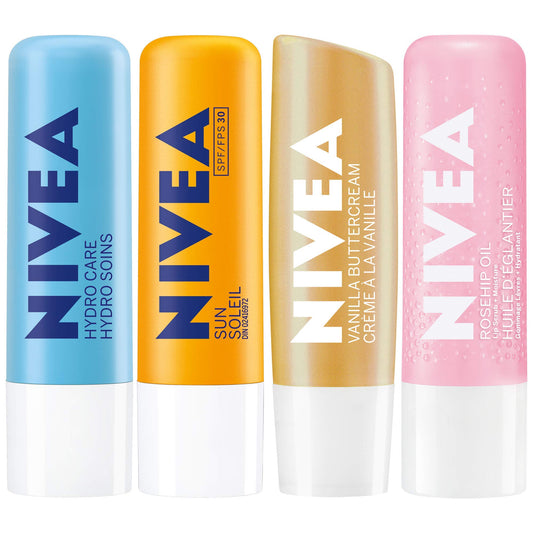 NIVEA Hydrating Caring Lip Balm Moisturizer Gift Pack | 24H Intensive Moisture for Soft Smooth Lips | Includes Sun SPF30 and Hydro Care | 4x4.8g Stick