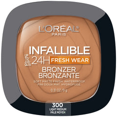 L'Oréal Paris Infallible Up to 24H Fresh Wear Bronzer, Longwear Soft Matte Finish Bronzer Powder, Waterproof & Heatproof, 300 Light Medium, 0.31 oz