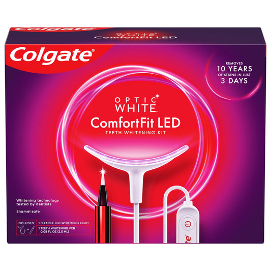 Colgate Optic White ComfortFit LED Teeth Whitening Kit, Hydrogen Peroxide Teeth Whitening Gel Kit, Helps Remove 10 Years of Stains, Enamel Safe, Includes Whitening Pen and Flexible LED Light