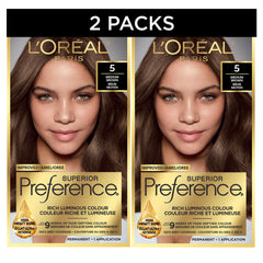 L'Oreal Paris Superior Preference Hair Dye, Hair Color for Women, 5 Medium Brown Hair Dye, Permanent Hair Color, 100% Grey Coverage, 9 weeks of Luminous Fade-Defying, 1 Hair Dye Kit (Pack of 2) (Packaging May Vary)
