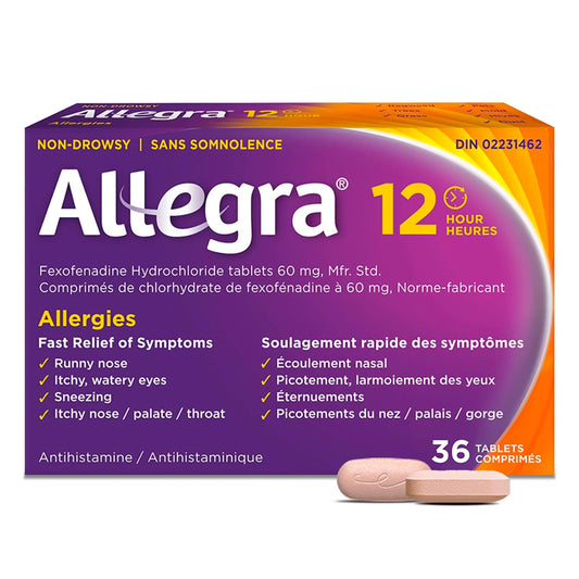 Allegra 12 Hour Allergy Medication, Non Drowsy, Fast, Multi-Symptom Allergy Relief Medicine for Sneezing, Runny Nose, Itchy/Watery Eyes, Throat or Palate, Fexofenadine Hydrochloride 60 mg, 36 Tablets