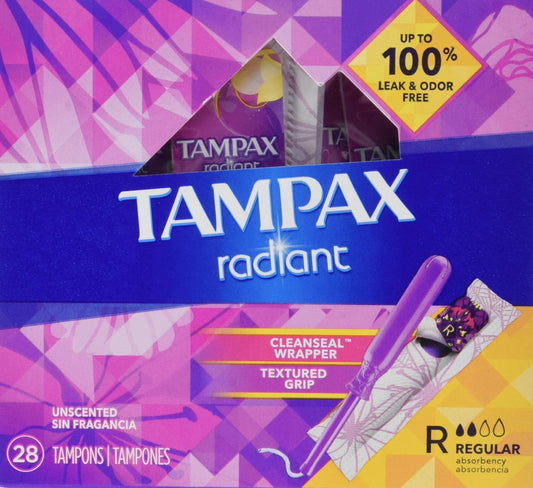 Tampax, Radiant Tampons, Plastic Applicator, Regular Absorbency, 28 Count