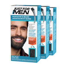 Just For Men Mustache & Beard, Beard Dye for Men with Brush Included for Easy Application, With Biotin Aloe and Coconut Oil for Healthy Facial Hair, Real Black, M-55 (3 Count), Packaging May Vary