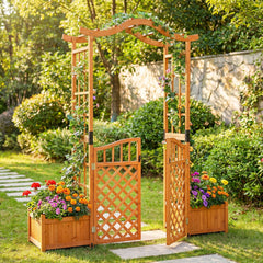 83 inches Garden Arbor with Gate and 2 Planter Boxes-Yellow