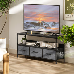 TV Stand with Charging Station, TV Table with 2 Foldable Linen Drawers and Open Shelf for 47 Inch Television, Black