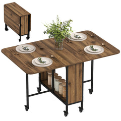 Folding Dining Table, Extendable Kitchen Table for Small Spaces with Storage Shelf and 6 Wheels, Distressed Grey