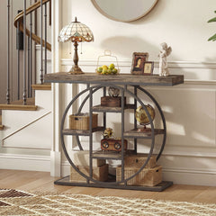 39.4" Console Table with Storage Shelves, Industrial Sofa Table for Living Room, Hallway, Rustic Brown
