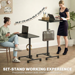 Height Adjustable Standing Desk, Pneumatic Sit Stand Desk with Wheels and Headphone Hook, Grey Wood Grain