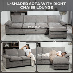 Sofa Couch with Chaise Lounge, Chenille L-shaped Couch with Double-layer Seat Cushion for Living Room, Grey