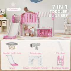 7-in-1 Toddler Slide, Kids Slide Climber Playset with Playhouse and Basketball Hoop for 1-4 Years, Grey