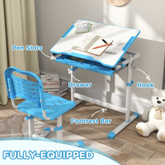Height Adjustable Study Table and Chair Set with Drawer, Pen Slot, Tiltable Desktop, Hook, Blue
