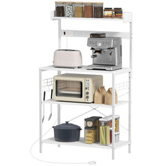 Kitchen Baker's Rack with Power Outlet, Coffee Bar Station with Adjustable Shelves and Hooks, Distressed Grey
