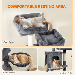 Cat Tree, 70" Multi-Level Cat Tower with 2 Condos, 2 Perches, Hammock, Toy Balls, Scratching Posts and Board, Dark Grey
