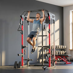 Power Cage, Power Rack with Adjustable Cable Pulley System, Pull-Up Bar, Dip Station, Landmine