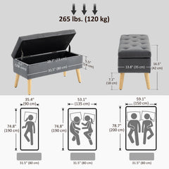 Storage Ottoman with Lid, Velvet Upholstered Storage Bench with Wood Legs for Living Room, Black
