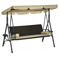 3-Seat Patio Swing Chair, Outdoor Canopy Swing Glider with Adjustable Shade, Rattan Seat and Steel Frame, for Porch, Garden, Poolside, Dark Grey