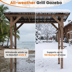 8.6 FT x 5 FT Grill Gazebo Cedar Wood BBQ Gazebo with 2 Side Serving Shelves-Brown