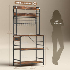 Kitchen Baker's Rack with Power Outlet and LED Light, 5-Tier Coffee Bar Station with 10 Hooks, Grey