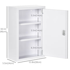 Lockable Medicine Cabinet, 3 Tier Steel Medical Wall Box with 2 Keys and Shelves for Bathroom, White