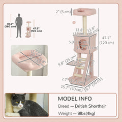 47" Tall Cat Tree Tower with Condo, Ladder, Scratching Posts and Hanging Ball, Light Grey