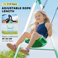 Metal Swing Set with Slide, Saucer Swing Seat, Heavy Duty A-Frame Stand and Adjustable Rope for Backyard, Dark Green
