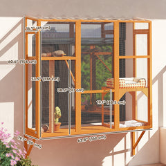 Wooden Catio Outdoor, Cat Window Box Enclosure for 2-3 Large Cats with 2 Jumping Platforms & Scratching Post, Grey