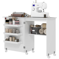 Sewing Machine Cabinet, Folding Sewing Table with Storage Shelf, Bins and Lockable Wheels for Small Space, Brown