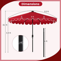 9.3 Feet Solar Patio Umbrella with 24 LED Lights Vented Top and Ruffles-Red