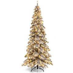 9 FT Snow Flocked Pre-Lit Christmas Tree with Quick Power Connectors, Foot Pedal Switch and Tree Skirt
