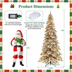 9 FT Snow Flocked Pre-Lit Christmas Tree with Quick Power Connectors, Foot Pedal Switch and Tree Skirt