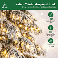 9 FT Snow Flocked Pre-Lit Christmas Tree with Quick Power Connectors, Foot Pedal Switch and Tree Skirt