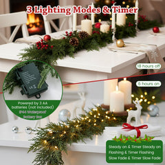 9 FT Pre-lit Artificial Cypress Christmas Garland with 50 Warm White LED Lights and 130 Branch Tips