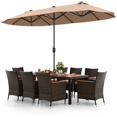 10 Piece Patio Dining Set, 15 FT Double-Sided Brown Umbrella, 71 Inch Acacia Topped Table and 8 Stackable Rattan Armchairs