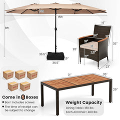10 Piece Patio Dining Set, 15 FT Double-Sided Brown Umbrella, 71 Inch Acacia Topped Table and 8 Stackable Rattan Armchairs
