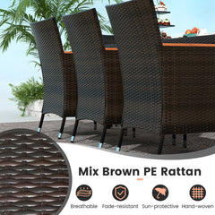 10 Piece Patio Dining Set, 15 FT Double-Sided Brown Umbrella, 71 Inch Acacia Topped Table and 8 Stackable Rattan Armchairs