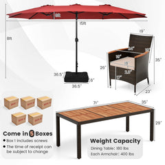 10 Piece Patio Dining Set with 15 FT Double-Sided Red Umbrella, Acacia Topped Table and 8 Cushioned Stackable Rattan Chairs
