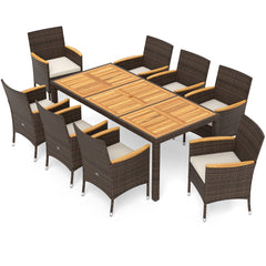 9 Piece Wicker Patio Dining Set for 8, 75 Inch Acacia Top Table and Eight Armchairs with Adjustable Front Feet, Beige