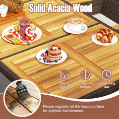 9 Piece Wicker Patio Dining Set for 8, 75 Inch Acacia Top Table and Eight Armchairs with Adjustable Front Feet, Beige