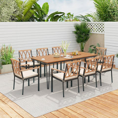 9 Piece Acacia Patio Dining Set for 8, 79 by 35.5 Inch Table with Open Legs and Eight Cross Back Armchairs