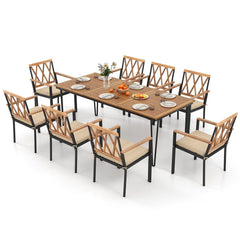 9 Piece Acacia Patio Dining Set for 8, 79 by 35.5 Inch Table with Open Legs and Eight Cross Back Armchairs