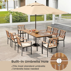 9 Piece Acacia Patio Dining Set for 8, 79 by 35.5 Inch Table with Open Legs and Eight Cross Back Armchairs