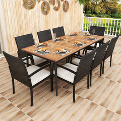 9 Piece Patio Dining Set for 8, 79 Inch Acacia Table and Eight Rattan Woven Chairs with Seat Cushions