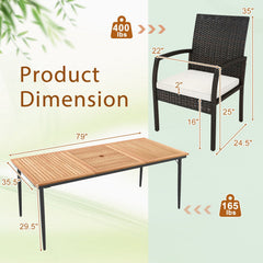 9 Piece Patio Dining Set for 8, 79 Inch Acacia Table and Eight Rattan Woven Chairs with Seat Cushions