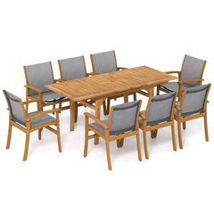 9 Piece Acacia Patio Dining Set, Extendable 55 to 71 Inch Table and Eight Sling Chairs for 6 to 8 People