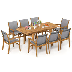 9 Piece Acacia Patio Dining Set, Extendable 55 to 71 Inch Table and Eight Sling Chairs for 6 to 8 People