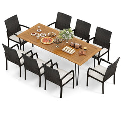 9 Piece Wicker Patio Dining Set for 8, 86.5 Inch Acacia Table on Slim Metal Legs and Eight Armchairs