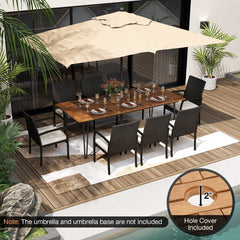 9 Piece Wicker Patio Dining Set for 8, 86.5 Inch Acacia Table on Slim Metal Legs and Eight Armchairs