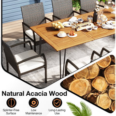 9 Piece Wicker Patio Dining Set for 8, 86.5 Inch Acacia Table on Slim Metal Legs and Eight Armchairs