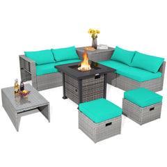 9 Piece Patio Furniture Set with 32 Inch Propane Fire Pit Table, Storage Box and 2 Ottomans, Turquoise