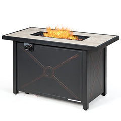 9 Piece Rattan Patio Set with 42 Inch Propane Fire Pit Table, Ceramic Tile Top and Storage, Navy